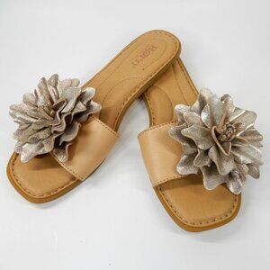 BORN Hibiscus Slide Flat Sandals Size 6 Tan Metallic Flower Leather NEW $110
